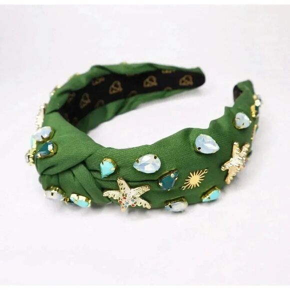 Crystal Headband - DENIM Headband - Knot Headband + Crystals - GREEN - Picture 1 of 2